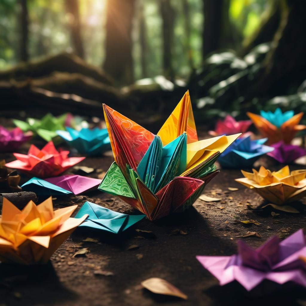 Origami Sculpture in Forest: Soft Focus Concept Art