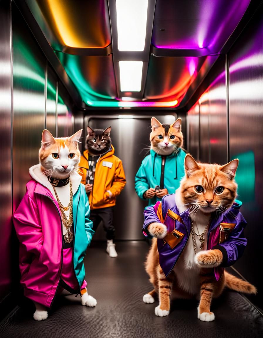 Hip-Hop Cats Party in an Elevator