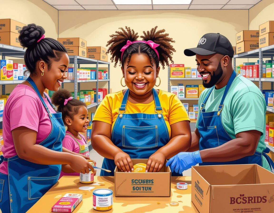 Joyful Black Girl Helps Family at Food Pantry