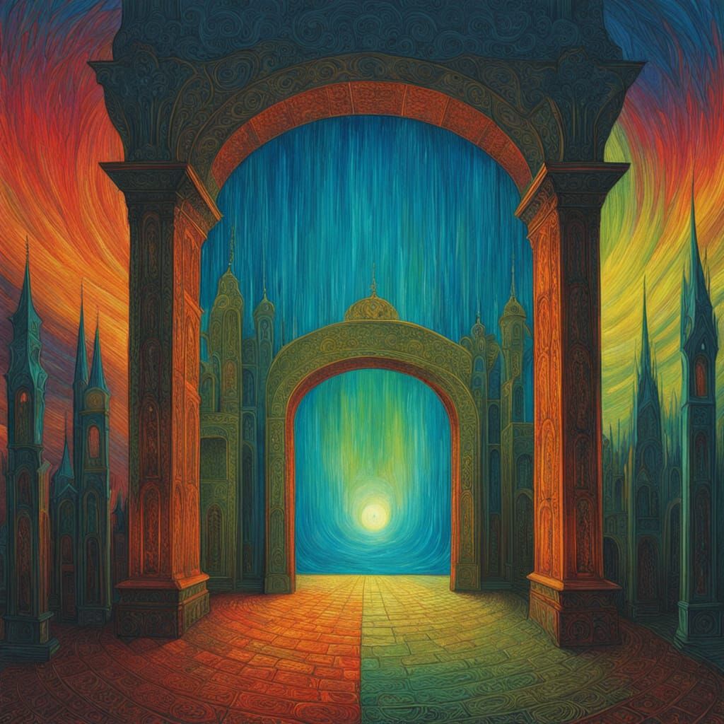 Man Among Floating Doors: Surreal Fauvist Illustration