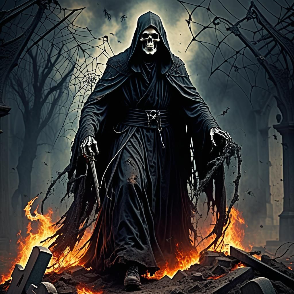 Flaming Gothic Grim Reaper Amidst Graves