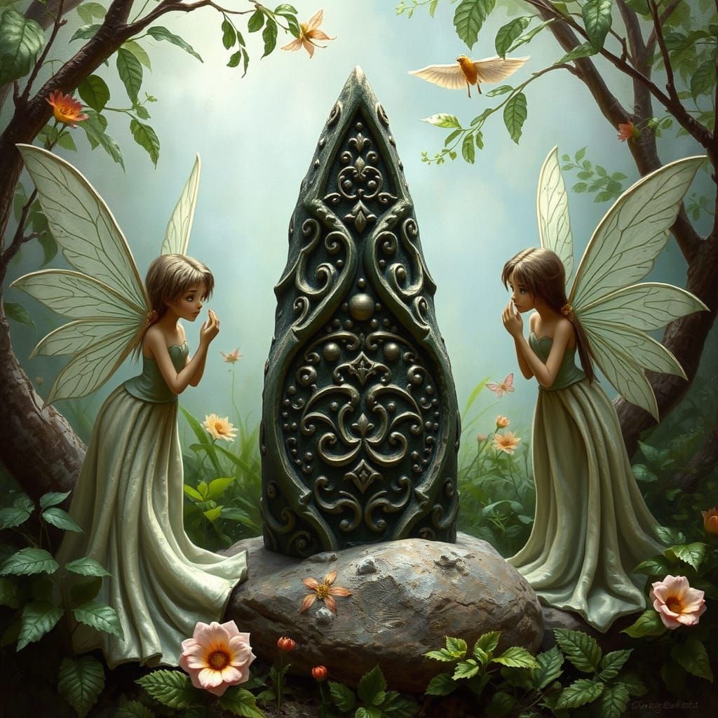 Fairies Guarding Mystical Stone in Whimsical Style
