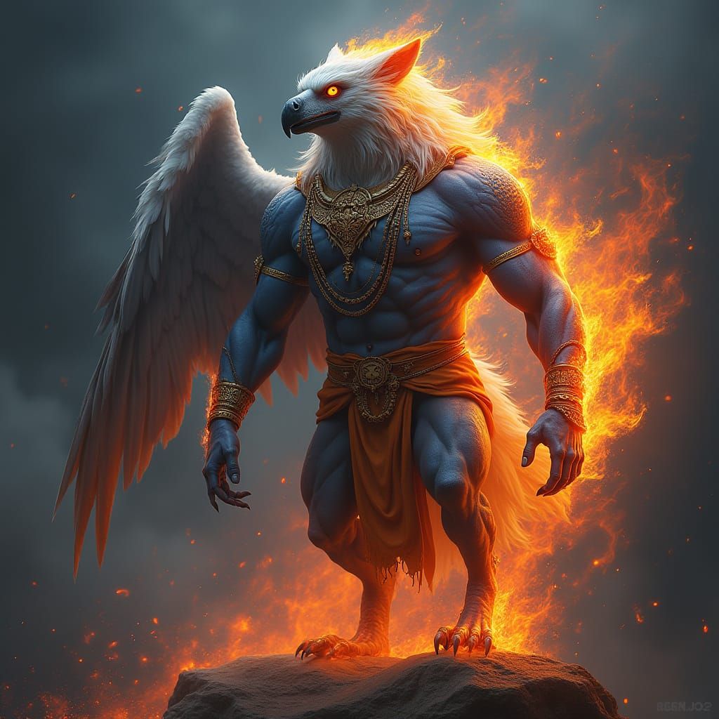 Cyberpunk-Inspired Lord Shiva Wolf Eagle Tattoo with Fiery F...