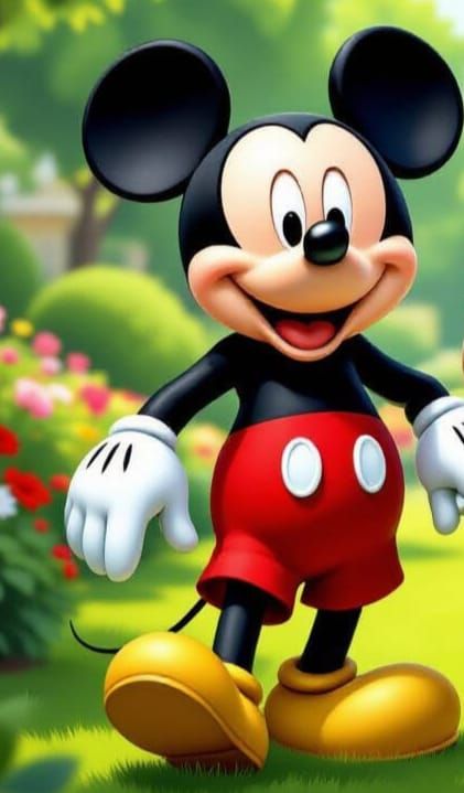 Mickey Mouse Strolls Through Garden on Sunny Day