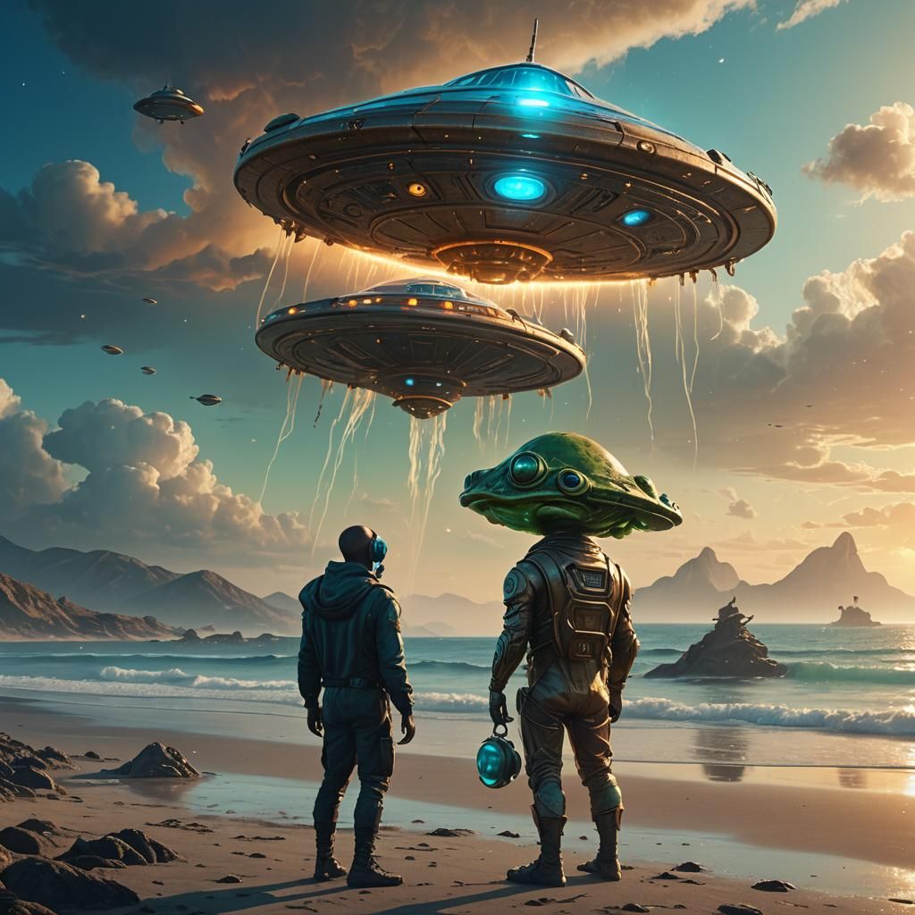Alien Frog Man and UFO on Seashore