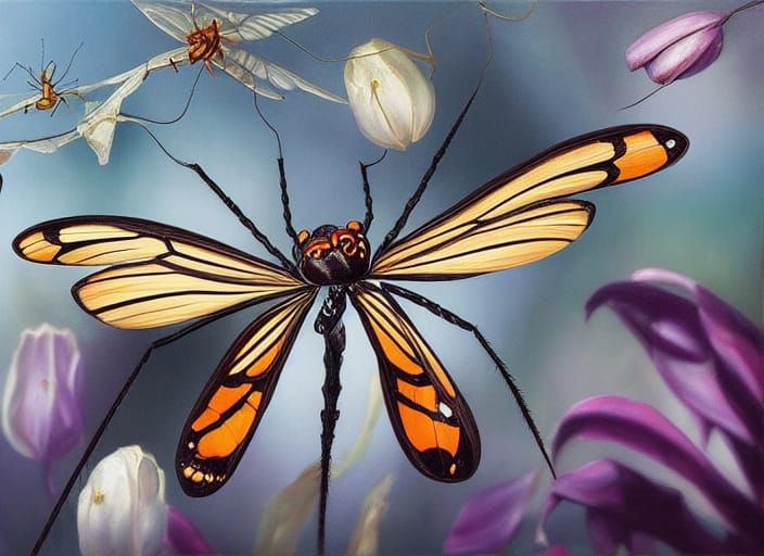 Hyperrealistic Oil Painting of a Spiderfly on Web
