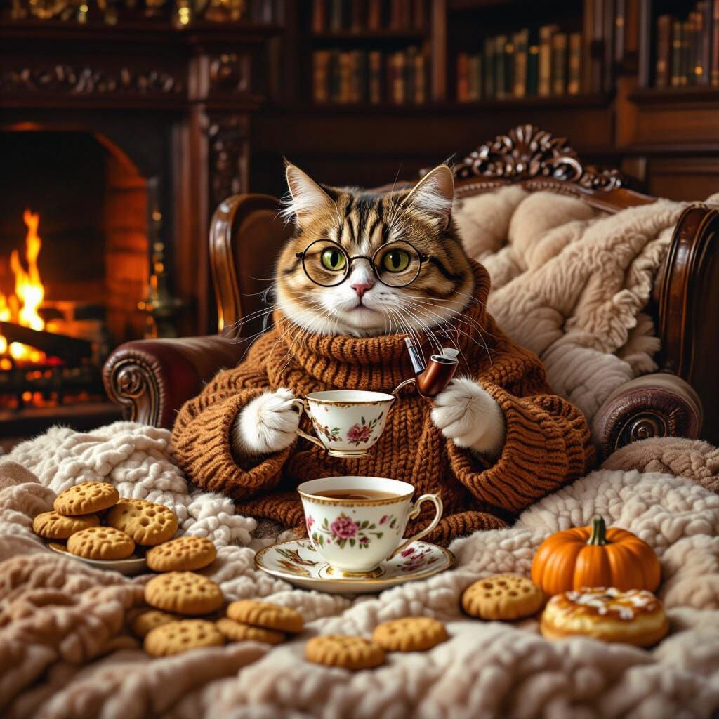 Whimsical Cat Enjoys Tea in Cozy Hogwarts Study