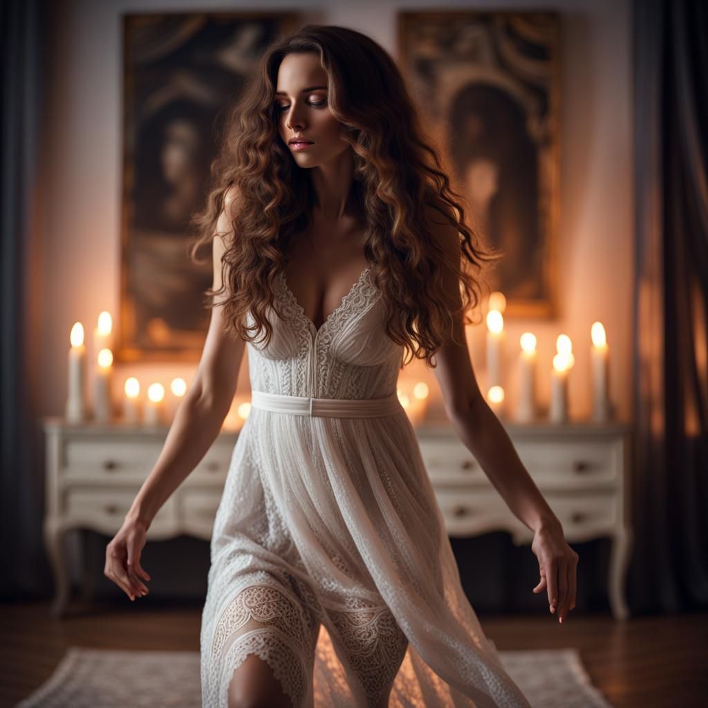 Beautiful Girl Dancing in White Lace Dress