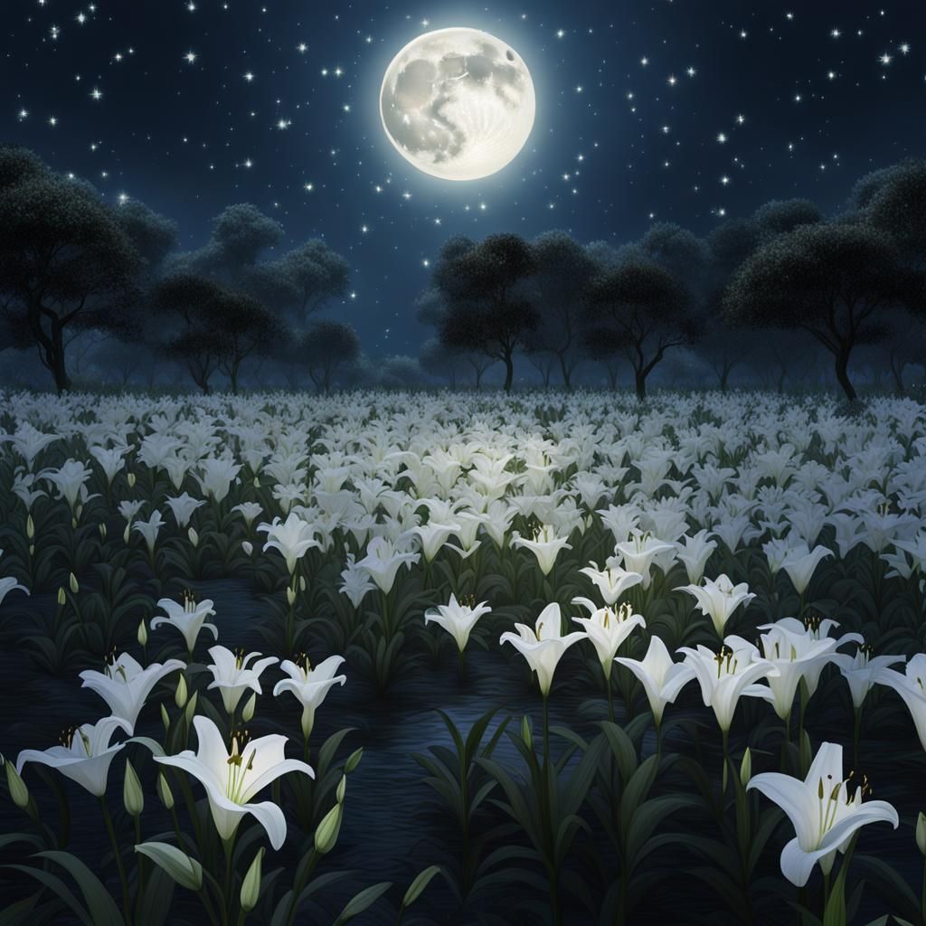 Moonlit Lilies Under a Starry Sky