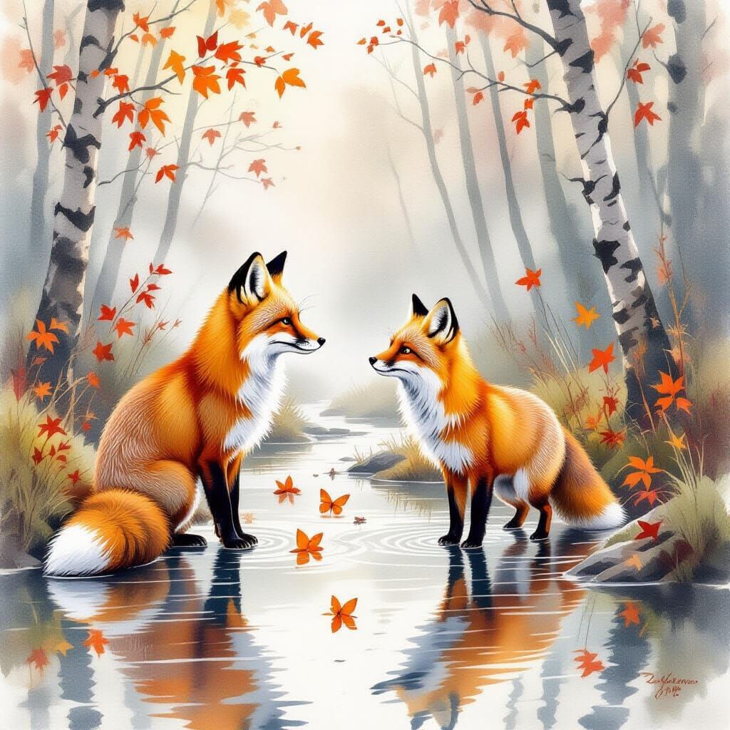 Fox and Butterfly in Watercolor Autumn Landscape
