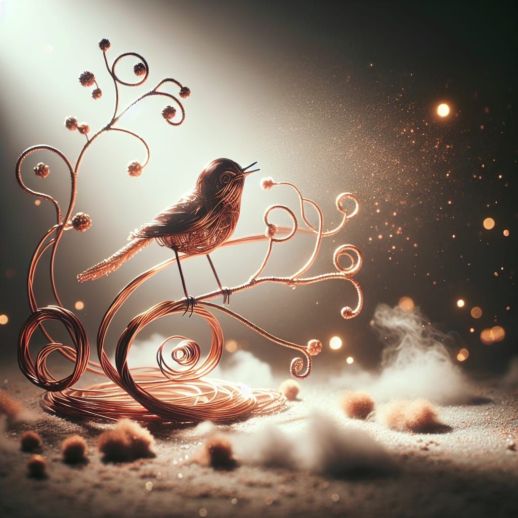 Copper Songbird Perched in Whimsical Copper Landscape