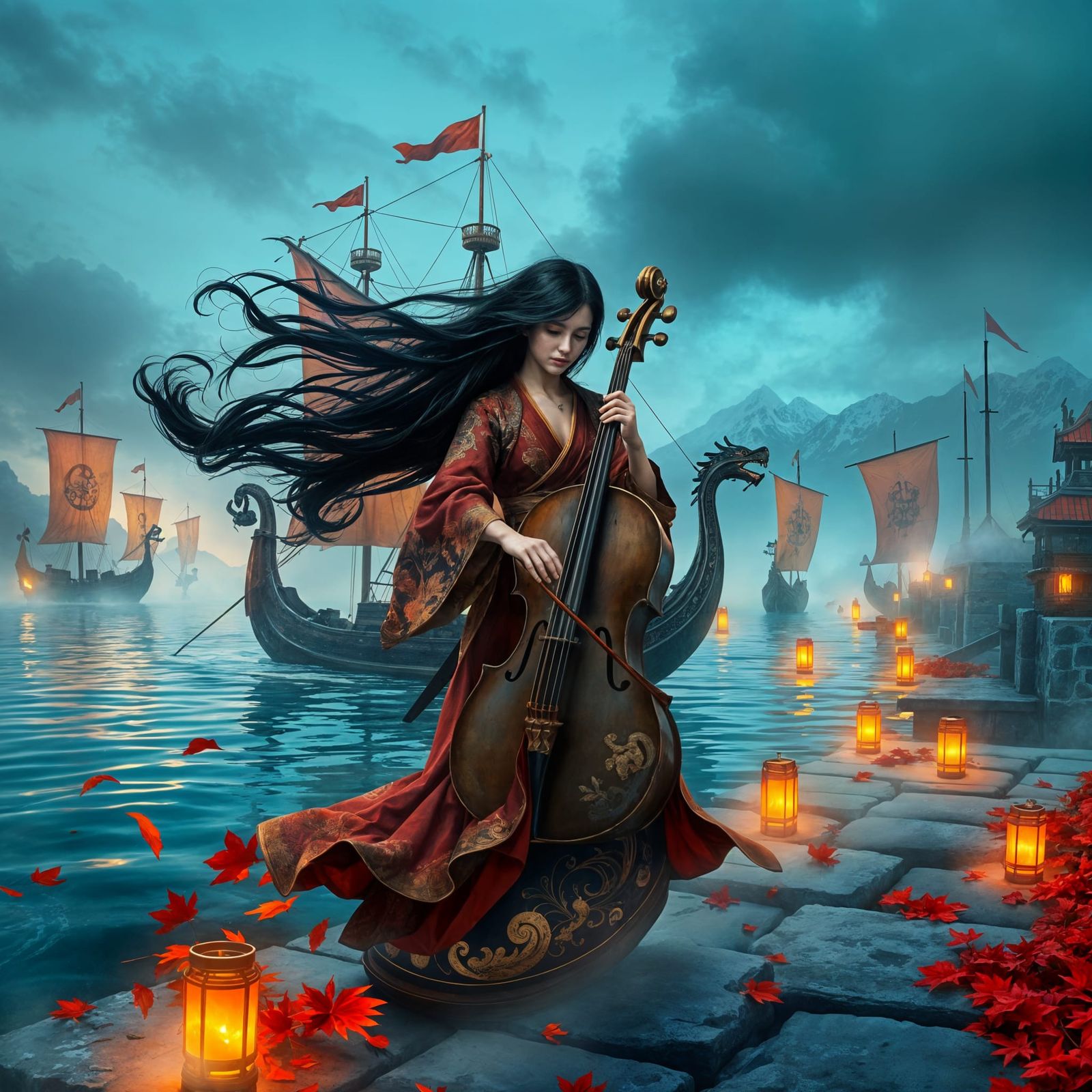 Viking Harbor at Dusk with Eastern Trading Vessels and Glowi...