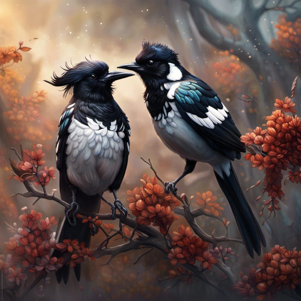 Magpies in Flight: Digital Impasto Oil Painting