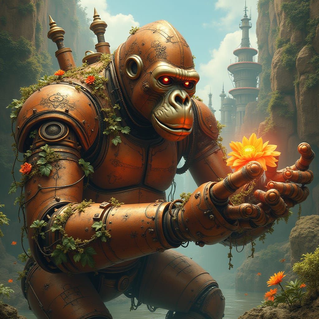 Mechanical Gorilla Dominates Steampunk Cityscape