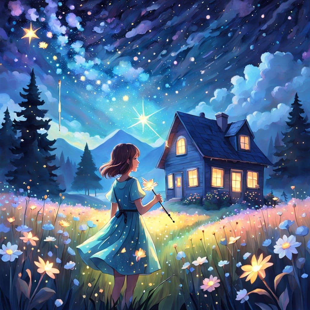 Enchanted Girl in Starry Meadow: Magical Realism