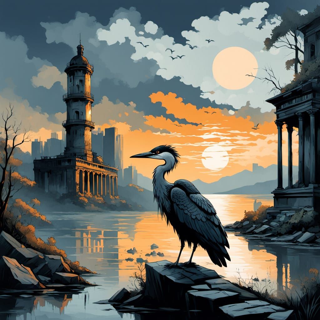 Woman with Lantern in Ruined Cityscape