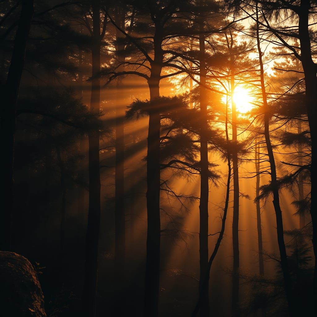 Magical Forest at Sunset with Golden Light