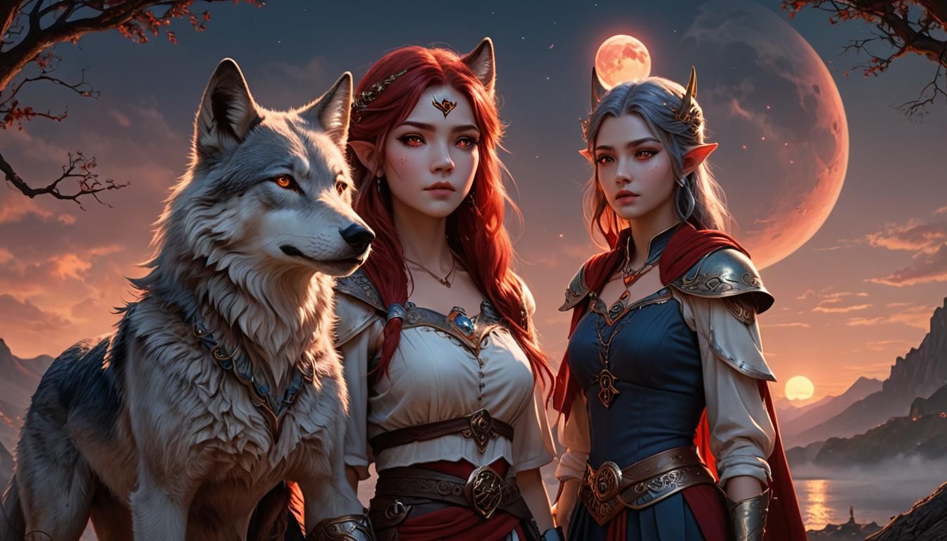 Wolf Girl and Elf Girl at Sunrise