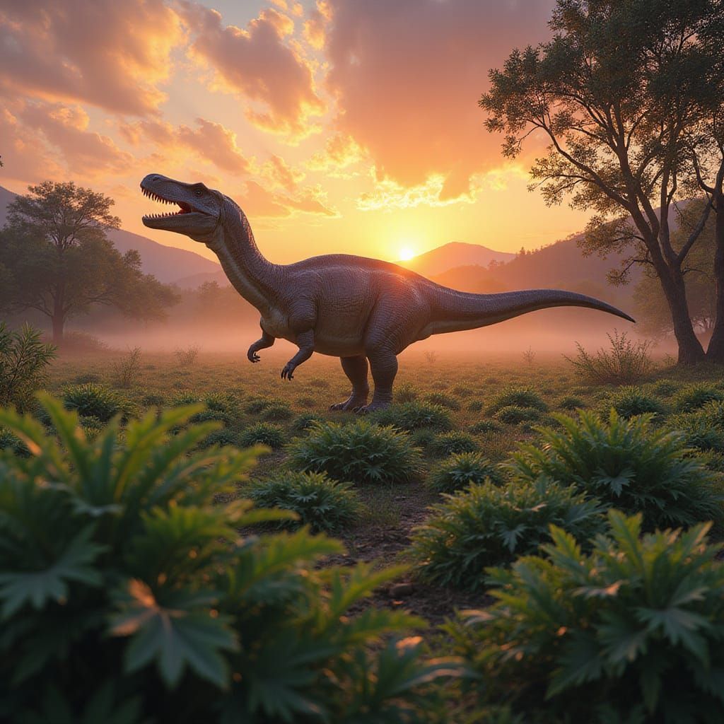Allosaurus in Fern Prairie at Sunset: Matte Painting