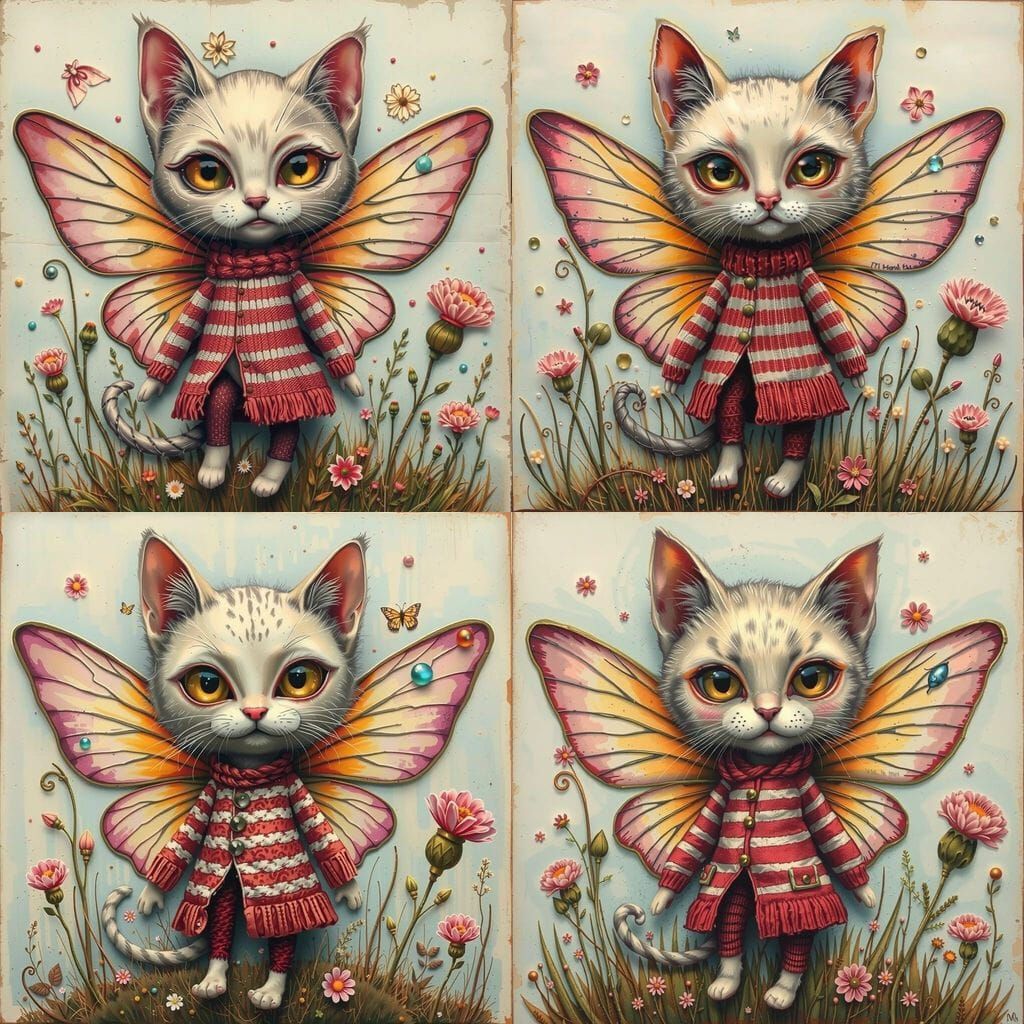 Cute Cat Fairy with Wings in Mixed Media Style
