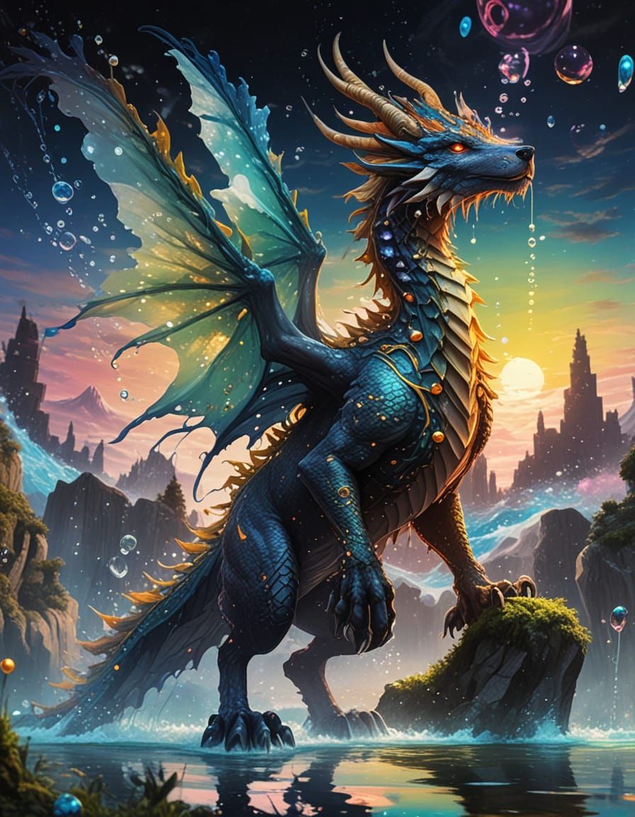Anime Wolf-Dragon Hybrid in Vibrant Water Fantasy Scene