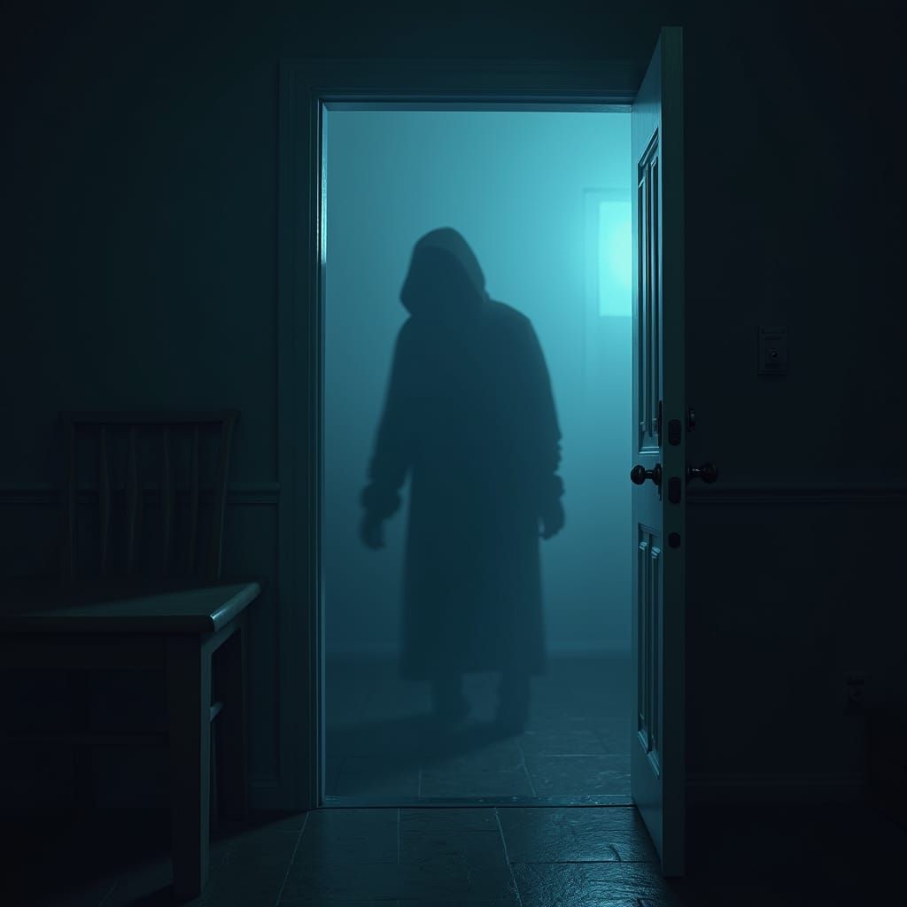 Eerie Shadow Figure in Dark Room: Detailed Matte Painting