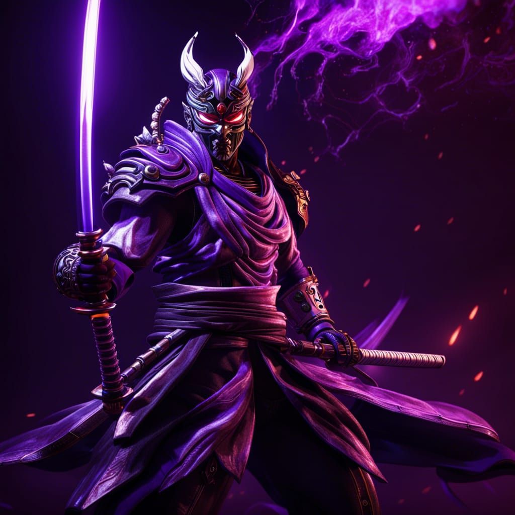 Yoshimitsu with Purple Katana in Flaming Background