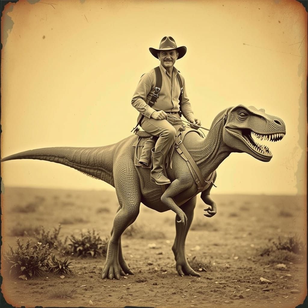 Vintage Cowboy Riding a Dinosaur in Sepia Monochrome