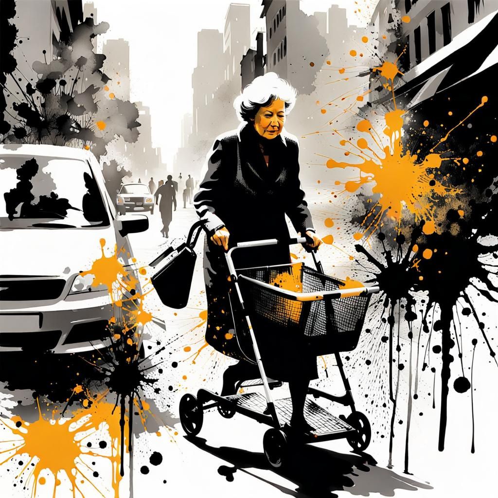 Ink Splatter Art of Older Woman With Rollator
