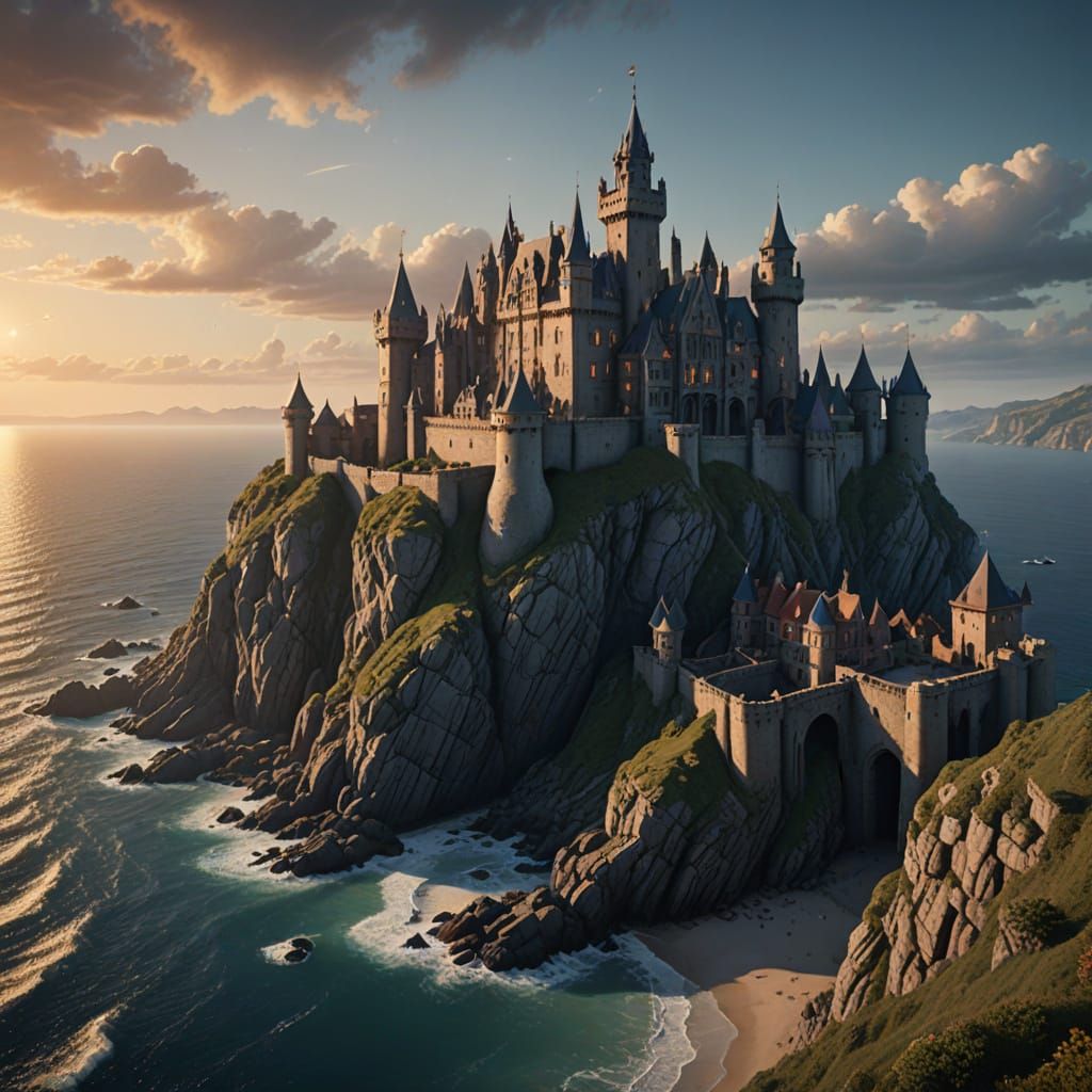 Majestic Castle on Cliff at Dusk: Fantasy Concept Art