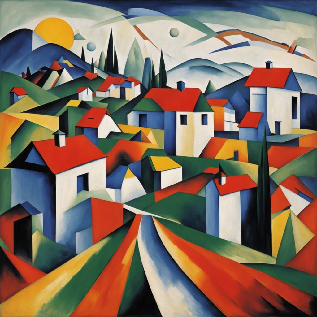 Futuristic Cubism Village Scene with Fragmented Forms
