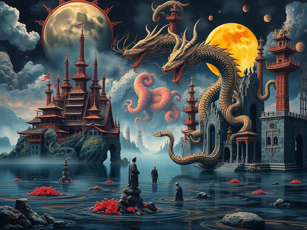 Surreal Japanese Landscape with Dragon in Dreamlike Atmosphe...