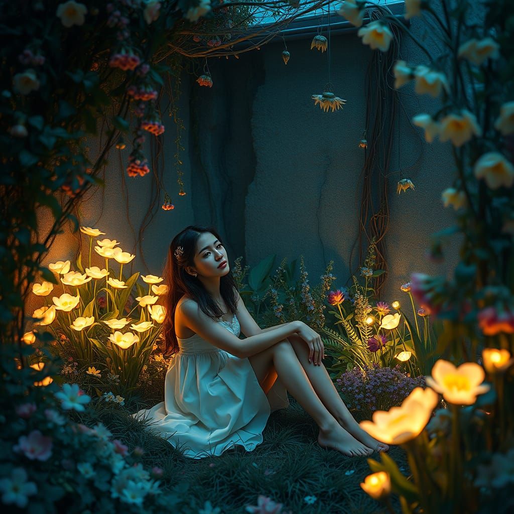 Serene Woman in a Dreamy, Glowing Garden