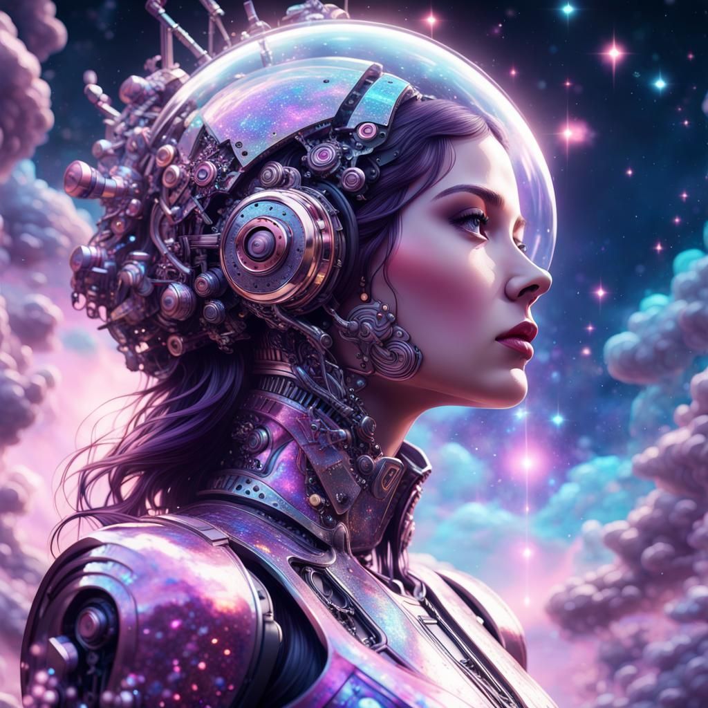 Dreamy Cyberpunk Woman in Holographic Nebula