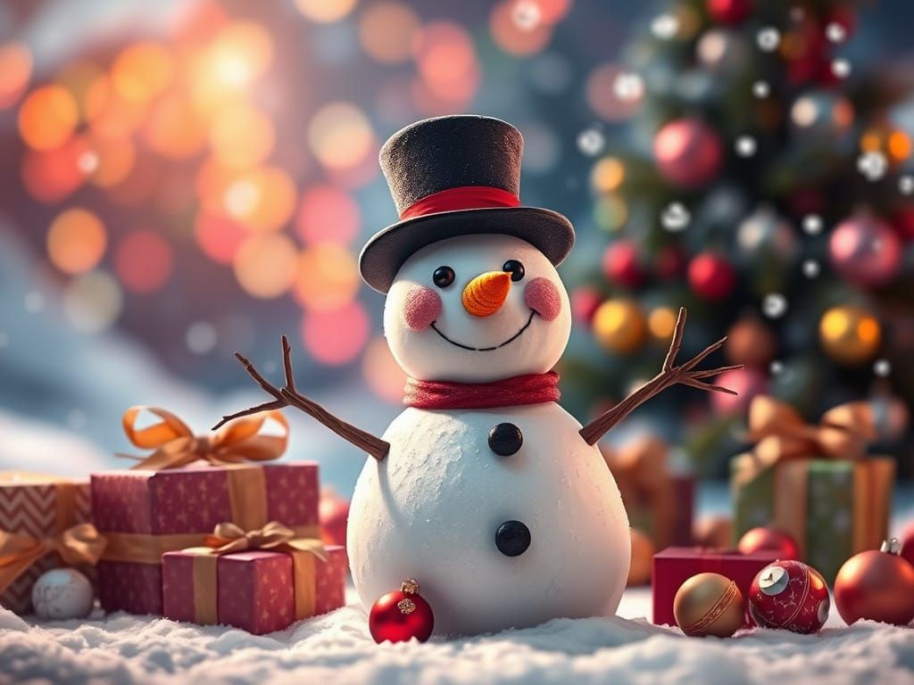Cheerful Snowman Surrounded by Vibrant Holiday Decorations