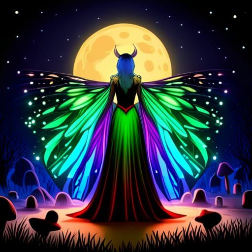 Elegant Moth Queen with Neon Wings in Fantasy Setting