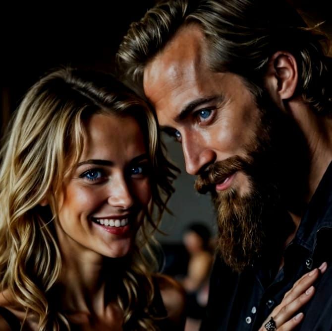 Blond Woman Smiles at Bearded Man