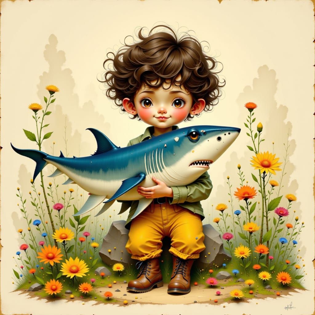 Boy Cradles Feathery Shark in Whimsical Watercolor Style