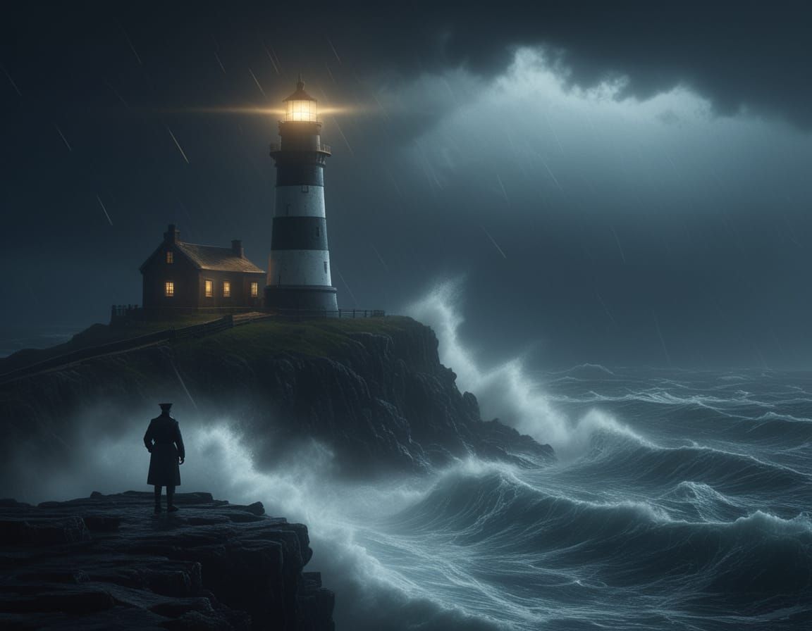 Solitary Lighthouse Keeper in Stormy Digital Matte Painting