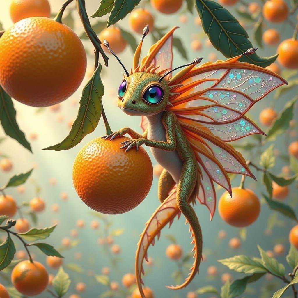 Whimsical Tiny Dragon Among Vibrant Orange Groves in Textura...
