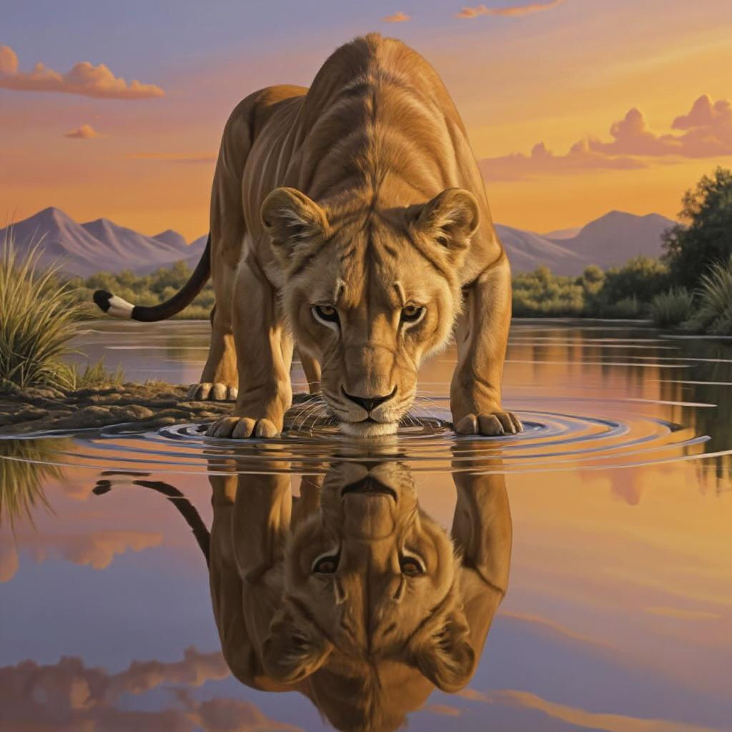 Lion Cub Reflection: Pride Queen in Sunset Hues