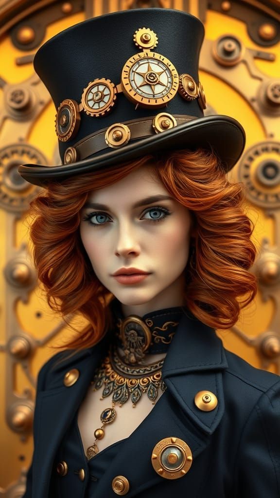 Elegant Steampunk Goddess with Reddish-Brown Hair and Deep B...