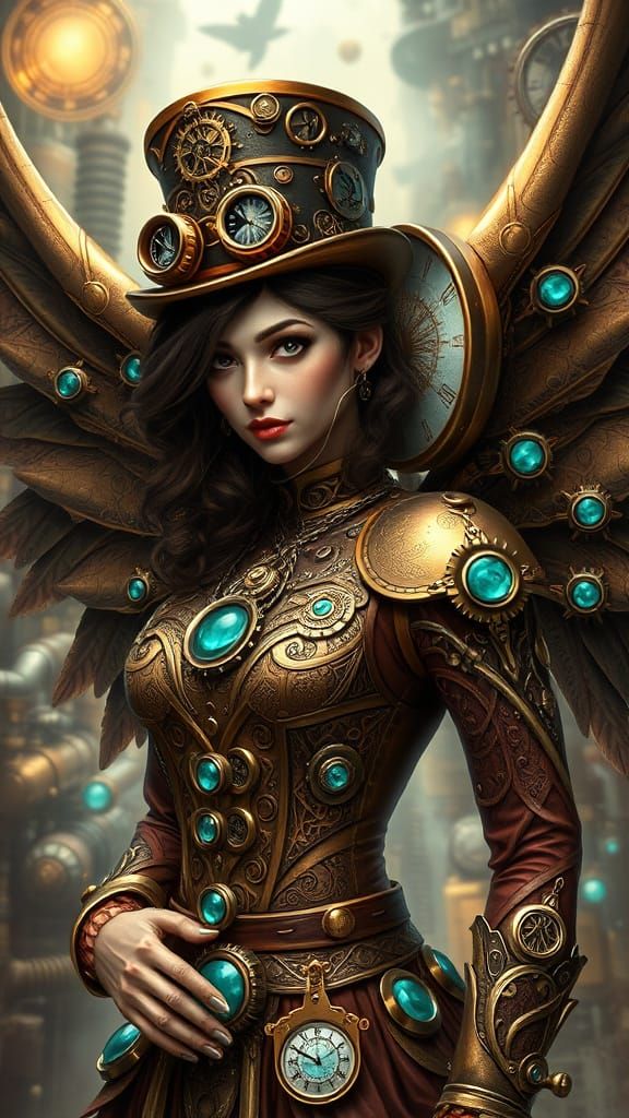 Steampunk Angel in Victorian Attire with Mechanical Wings
