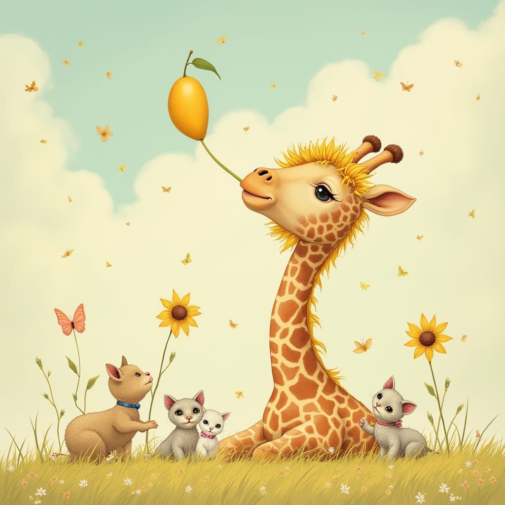 Giraffe Reaches for Whimsical Island in Pastel Sky