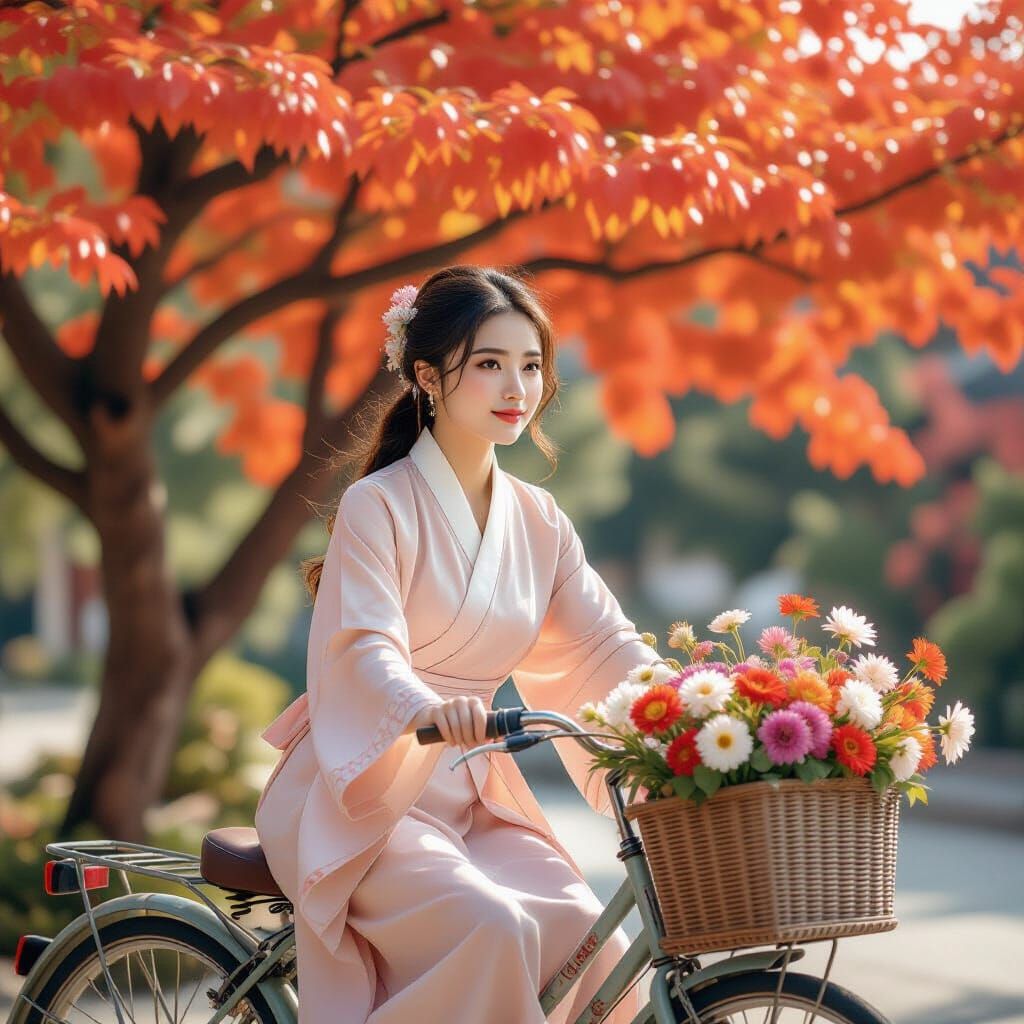 Woman on Bicycle with Flowers, Hyperrealistic Style