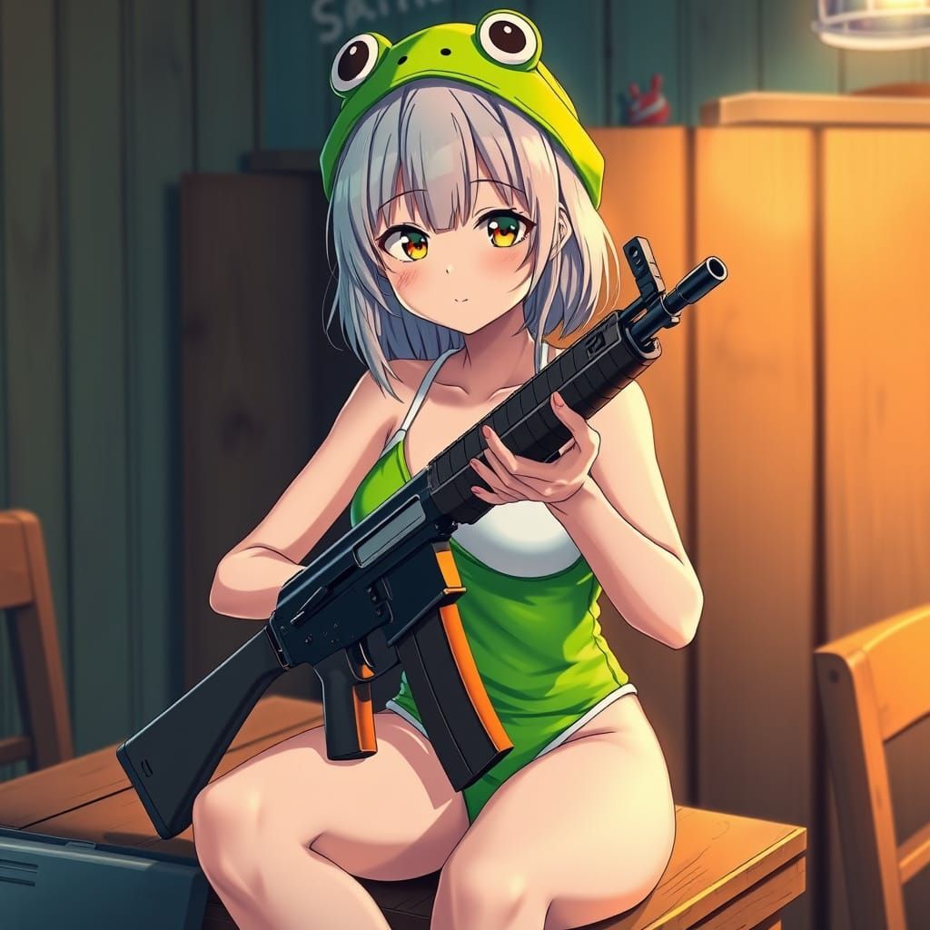 Anime Girl in Green Swimsuit Holds AK-74 with Frog Hat, Insp...