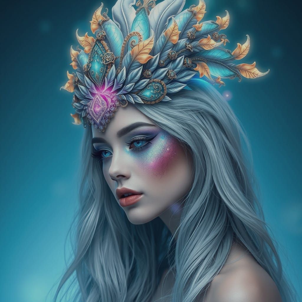 Cosmic Woman with Fractal Headdress: Digital Art Portrait