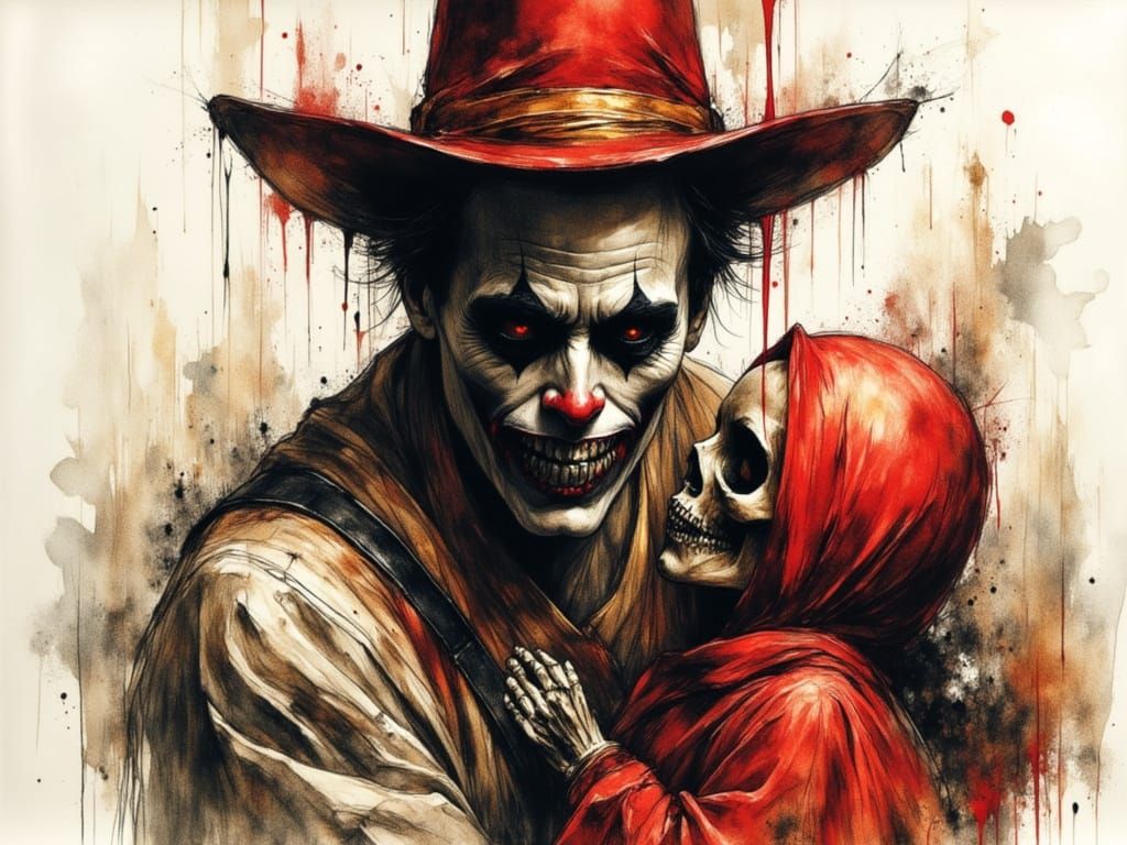 Twisted Jester with Bloody Marionette in Engraving Style