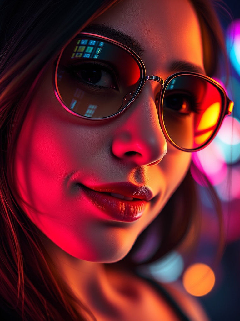 Woman in Sunglasses Reflecting Neon Cityscape