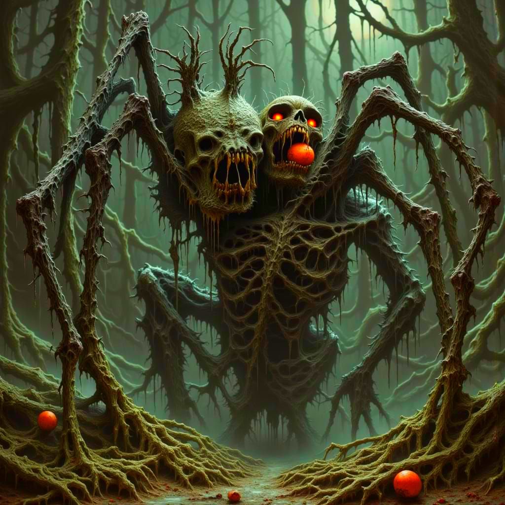 A Macabre Scene of a Skeleton in a Dripping Web